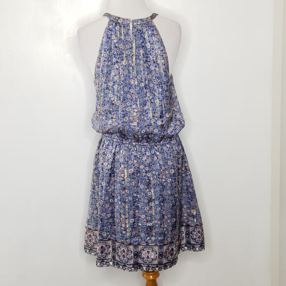 Joie Makana D Metallic Silk Dress Floral Halter Periwinkle Women Small - Picture 4 of 12